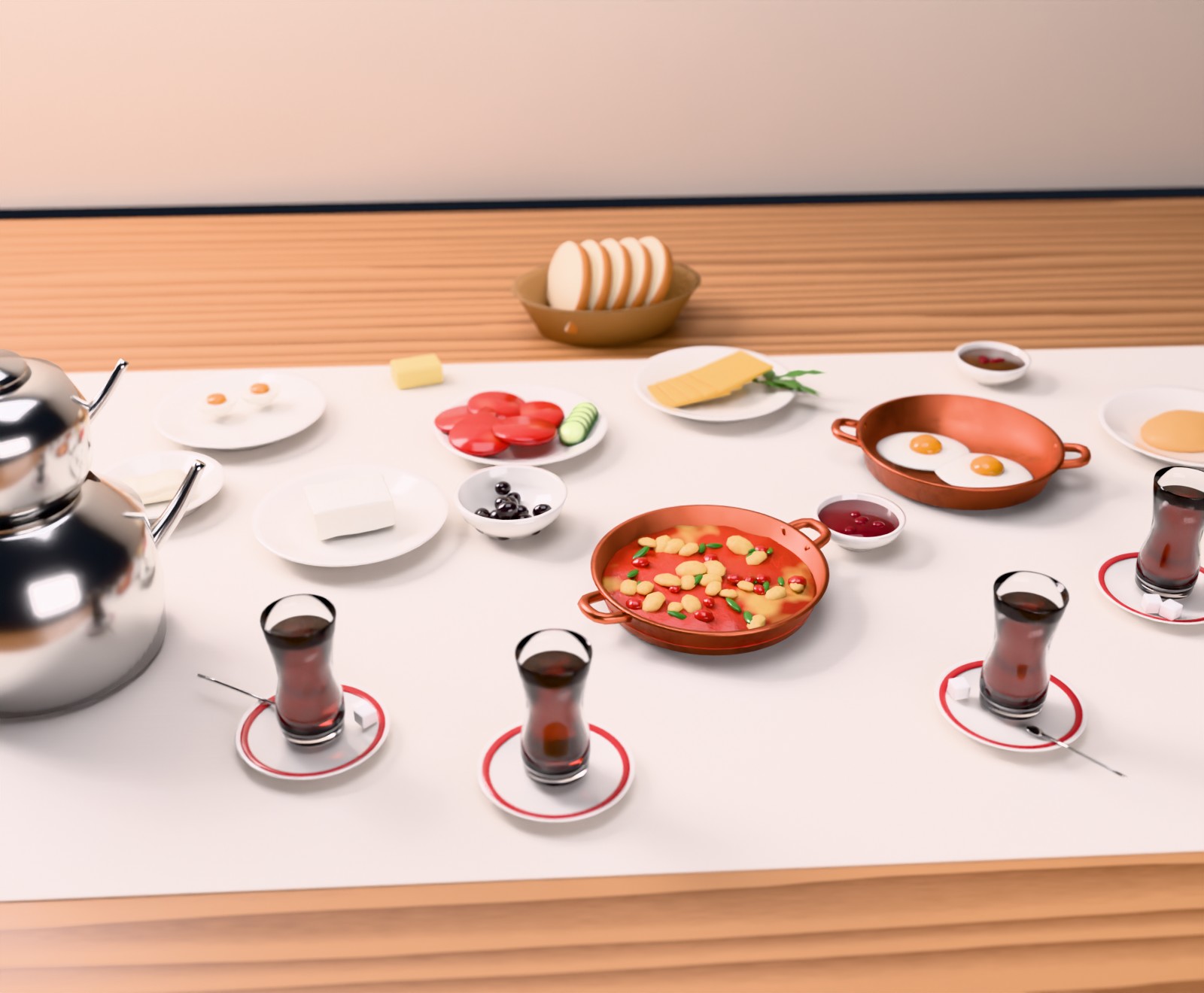 İnce belli çay bardakları ve serpme kahvaltı sofrası