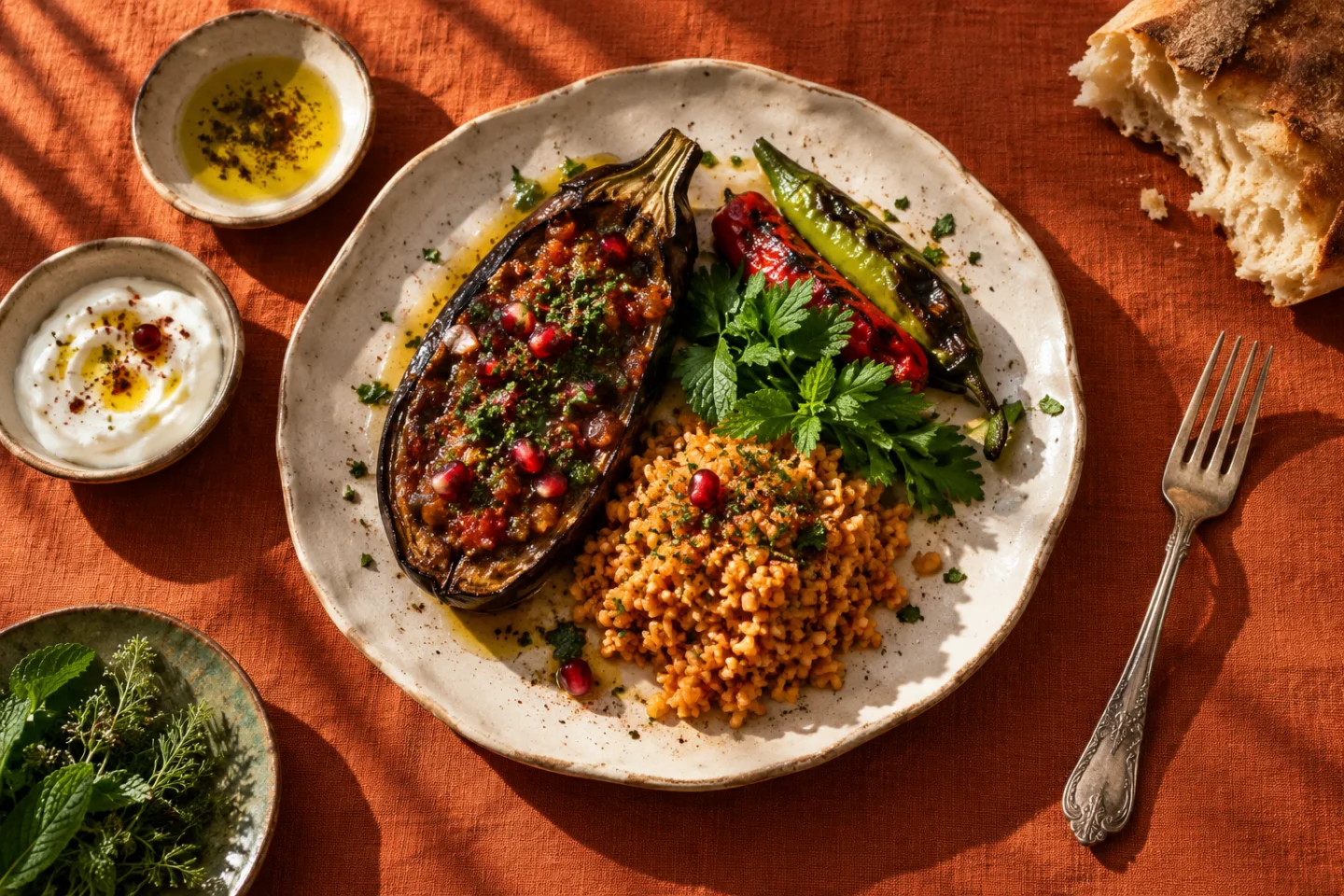 Köz patlıcan, bulgur ve taze otlarla mevsim tabağı; üretilmiş sunum görseli