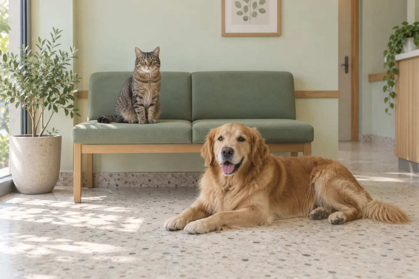 Bekleme alanında sakin bir kedi ve köpek; üretilmiş sunum görseli