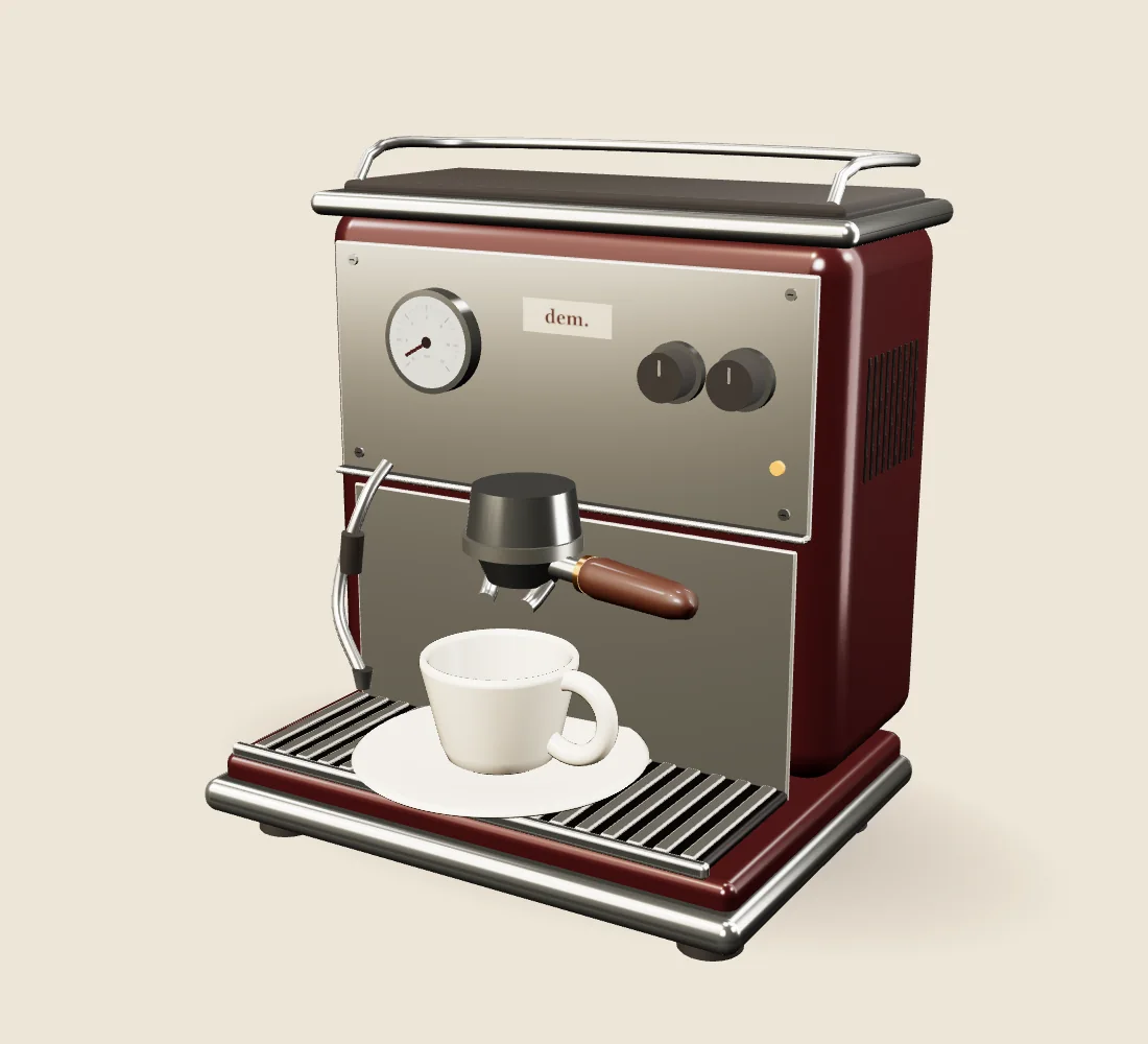 Dem espresso makinesi ve seramik fincan, üç boyutlu tasarım