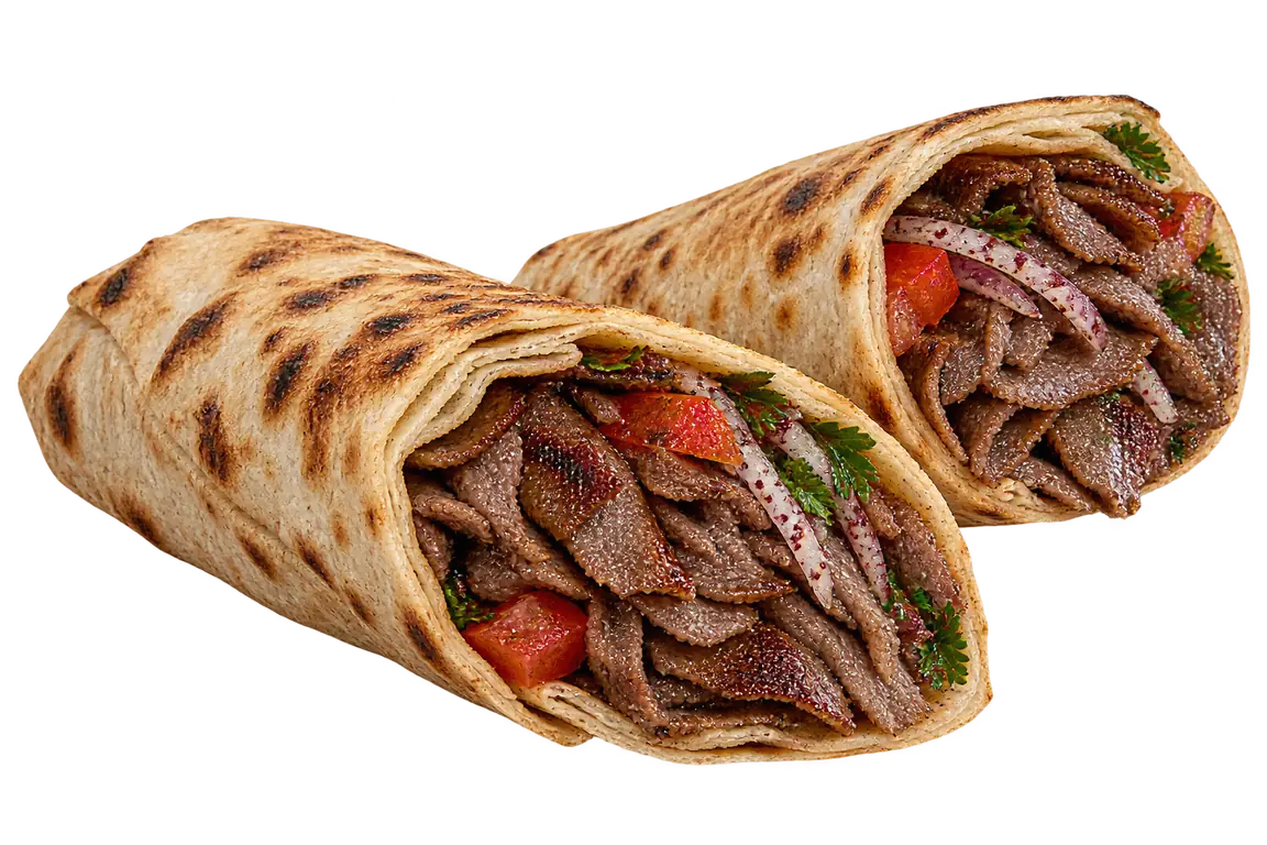 İçinde et döner, sumaklı soğan, domates ve maydanoz olan iki lavaş dürüm yarısı