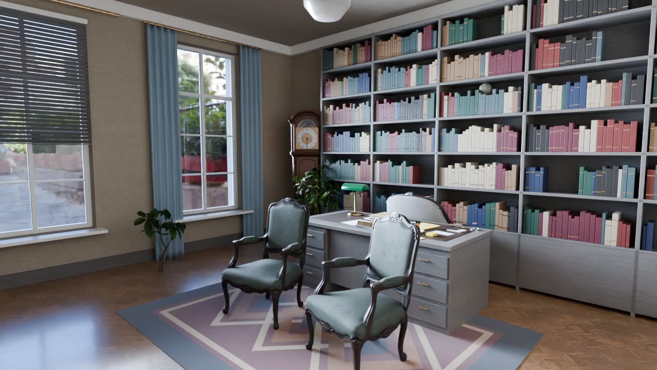 Ceviz kitaplığı, masası ve batıya bakan pencereleriyle büro; render edilmiş temsilî mekân