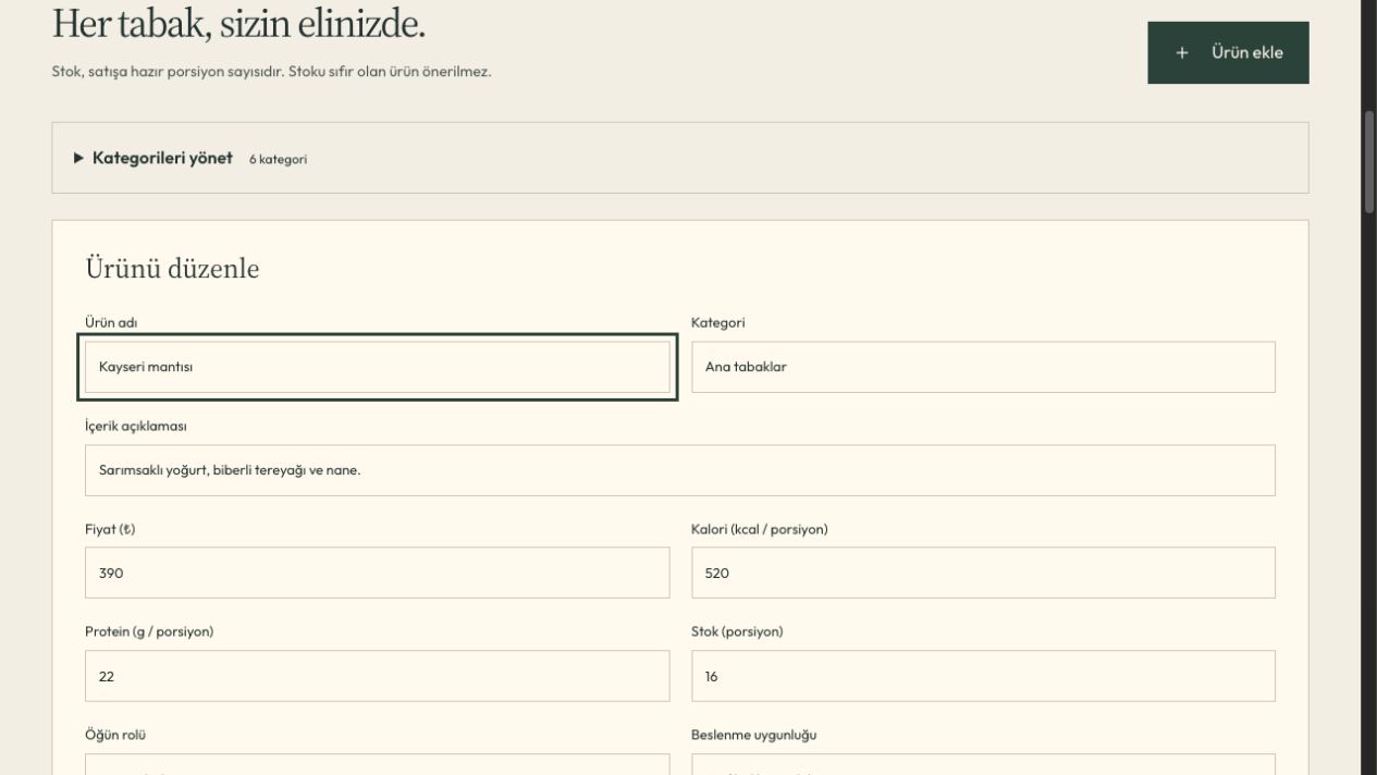Menü & stok: çalışan demo panelinden ekran görüntüsü
