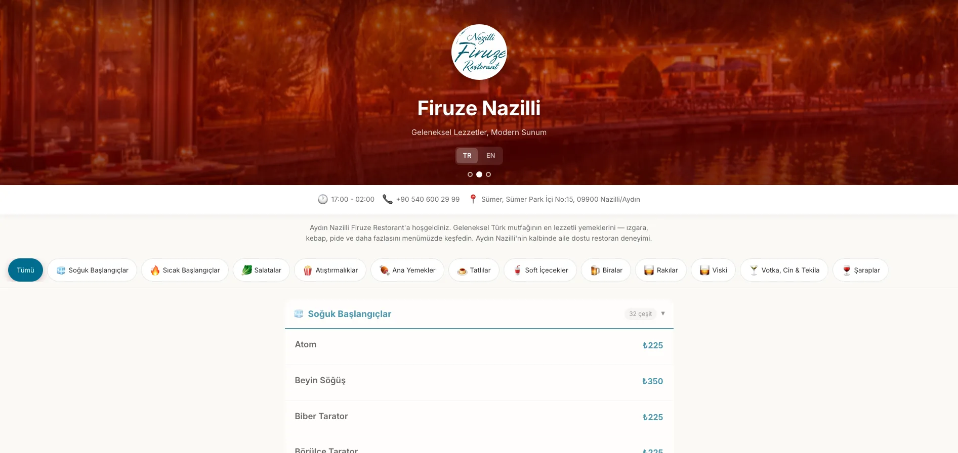 Nazilli Firuze Restorant dijital menü sitesi